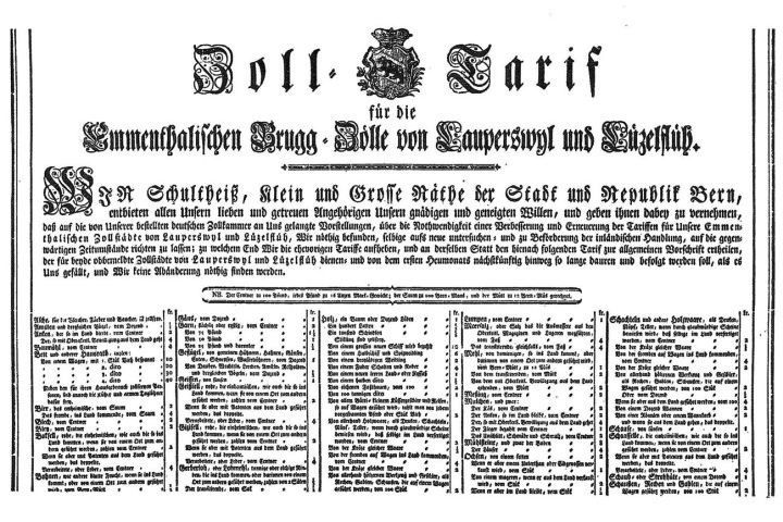 Brückenzölle zwischen Lauperswil und Lützelflüh aus dem Jahr 1791.